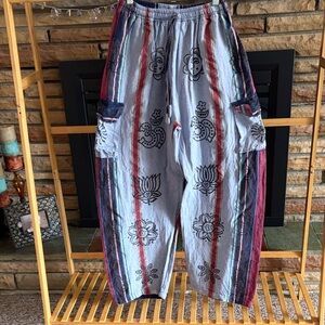 Bohemian Stripe Print Woman’s Cargo Pants - Gray & Burgundy